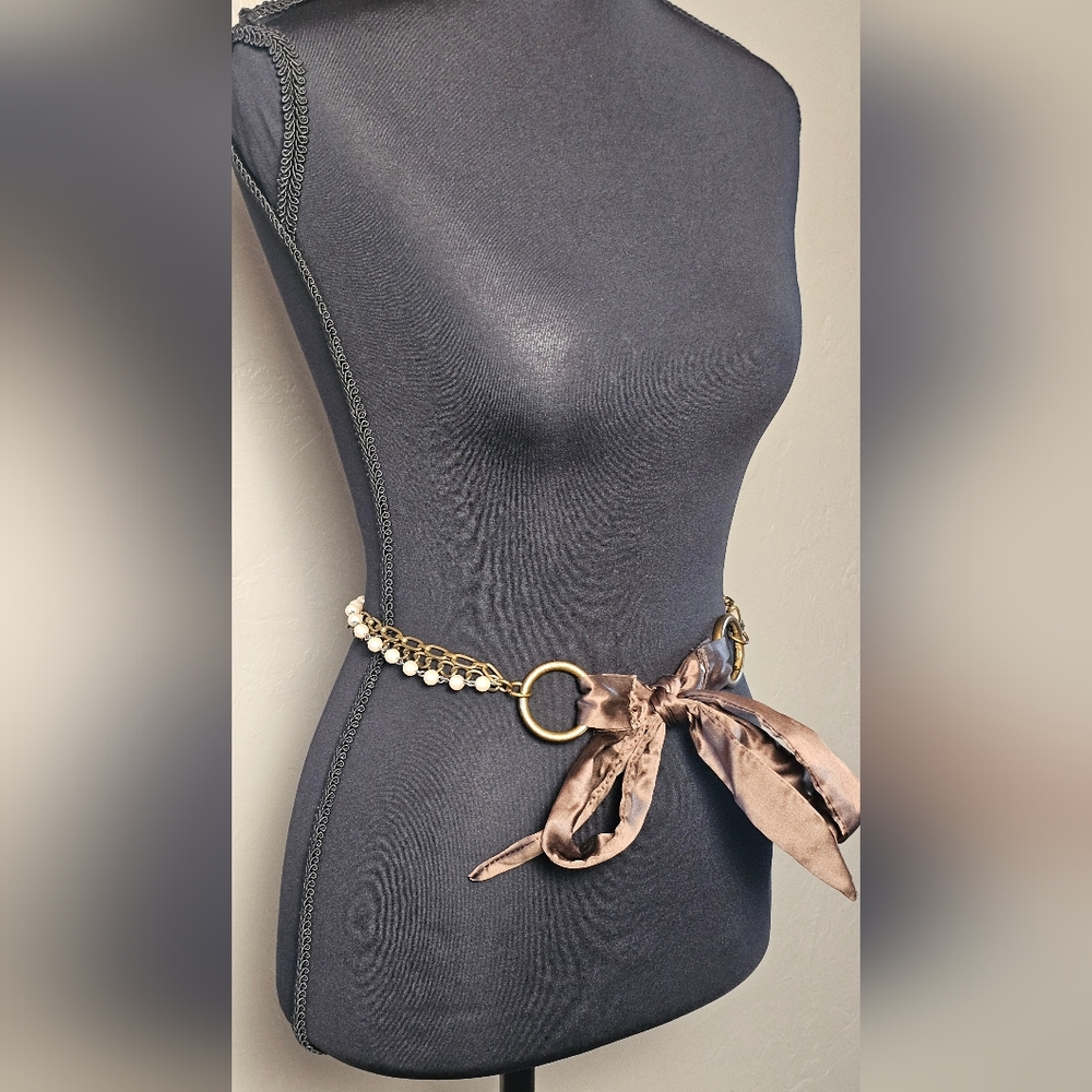 [AEO] Vintage Women's Belt OR Necklace ⭐️ Chain & Pearl Brown Ribbon Loop Tie - Picture 3 of 16